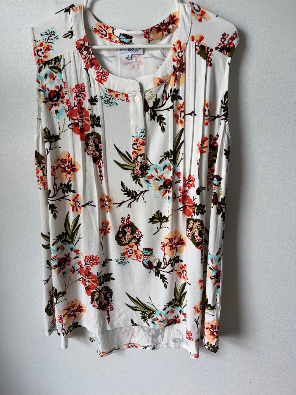 NorthStyle Cream Floral Sleeveless Henley Tunic with Coral and Teal Accents 1X